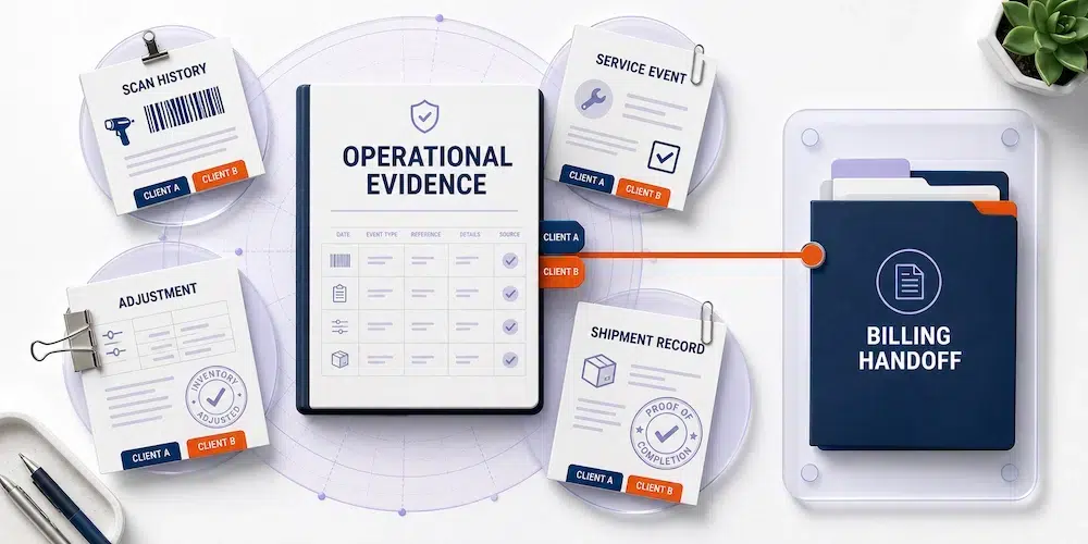 Operational evidence supporting a 3PL warehouse management system billing handoff